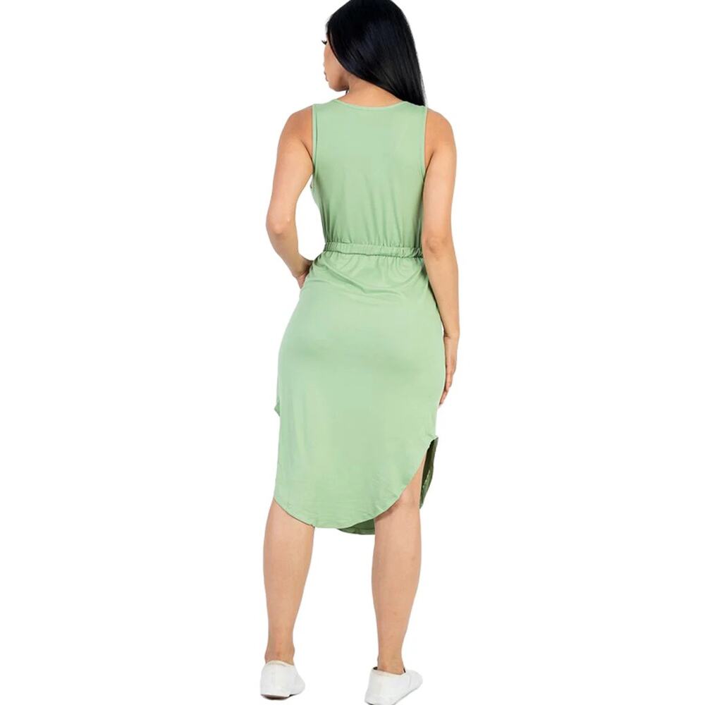 Dusty Green V-Neck Drawstring Sleeveless Midi Dress - Picture 3 of 9